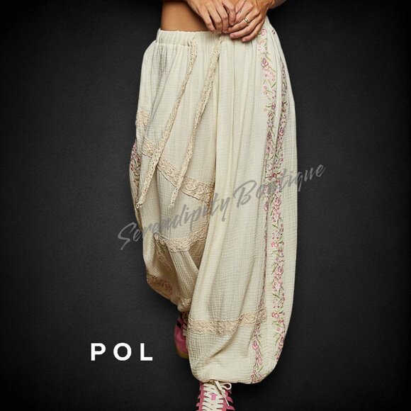 POL Breezy Delicate Lace Embroidered Cotton  Double Gauze Wide Leg Pants - Picture 1 of 9